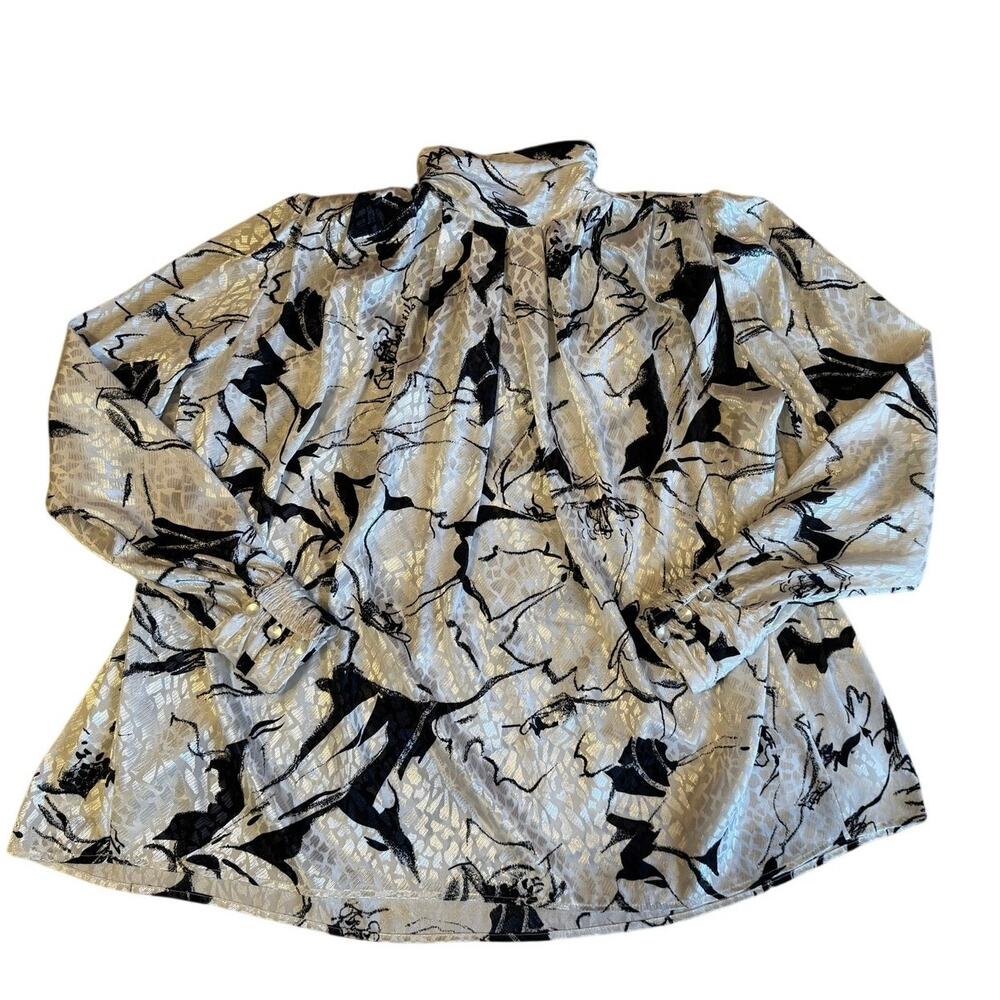 VTG TESS Paris-Milano Silkey Retro 80’s White Black Floral Turtle Neck Blouse 4 - Picture 7 of 13